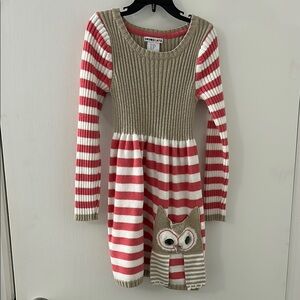 Pink and White Striped Casual Sweater Dress with Owl Appliqué